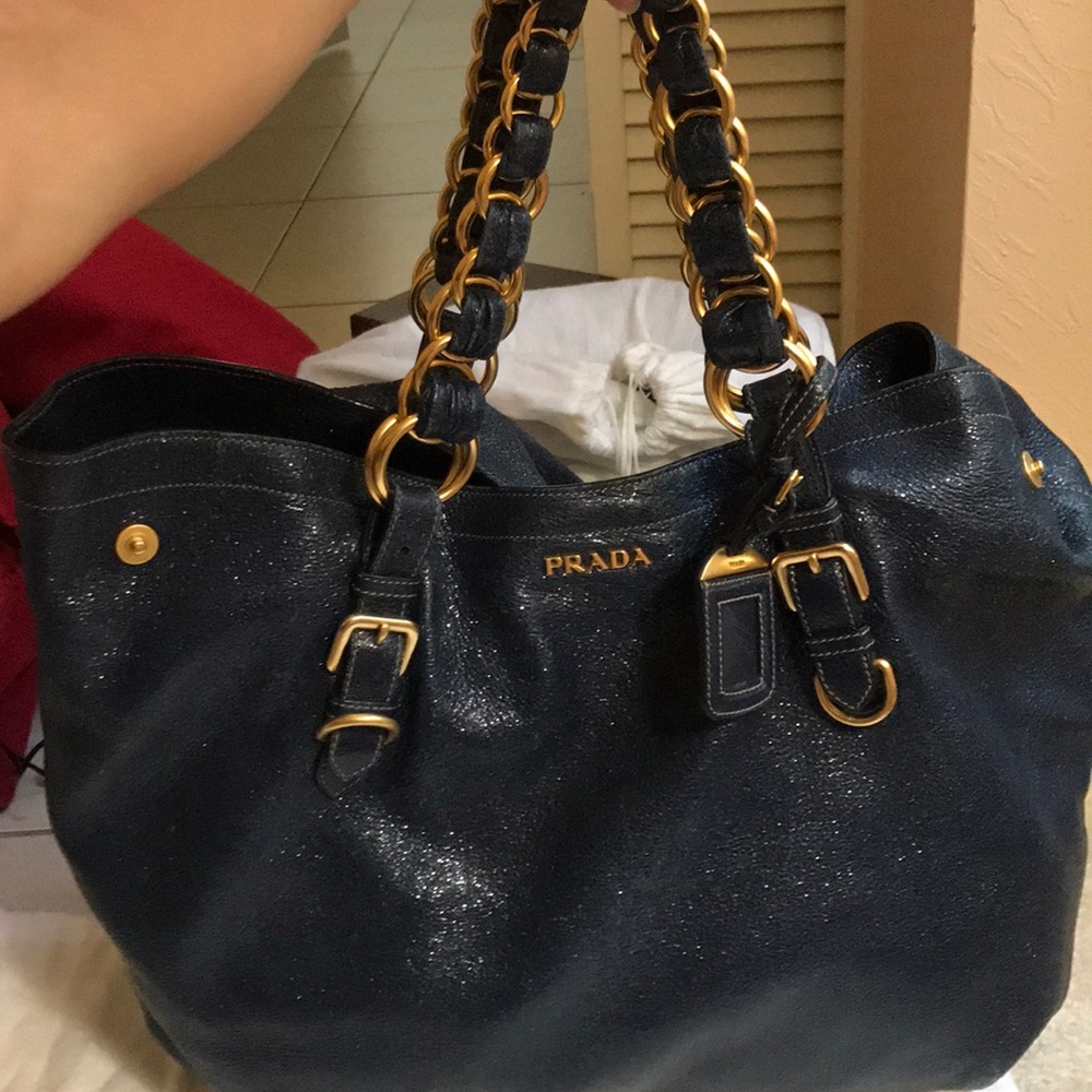 ❤️❤️ Prada Large Navy Metallic Tote Gold Hardware